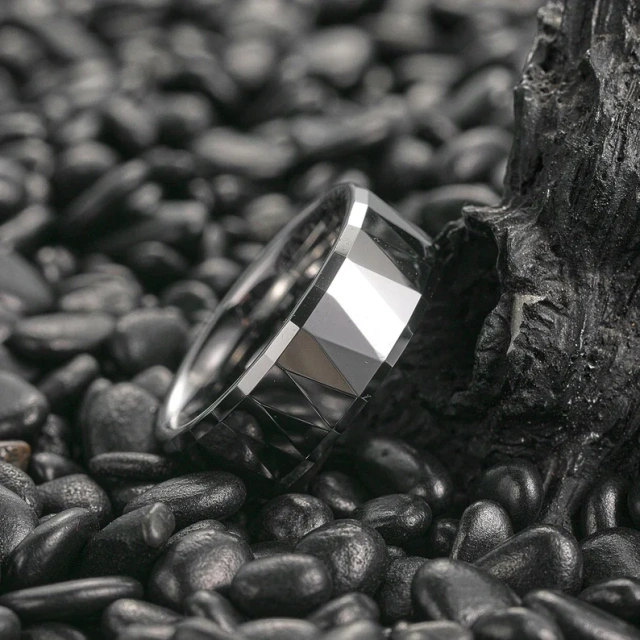 Lower Price Tending High Polished Faceted 8mm Silver Tungsten Steel Rings for Men Tungsten Wedding Rings Mens Jewelry