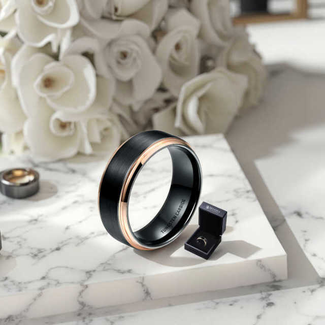 8MM New Mens IP Black Plated Tungsten Ring with Step Edge Center Brushed Man Boys Rings