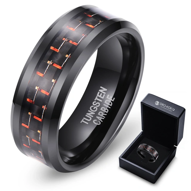 8mm Black Tungsten Carbide Black Red Carbon Fiber Inlay Wedding Band Ring Polished Finish Edges Comfort Fit