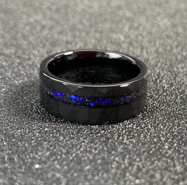 8mm Hammered Matte Black Tungsten Meteorite Galaxy Opal Gemstone Mens Unite Wedding Band