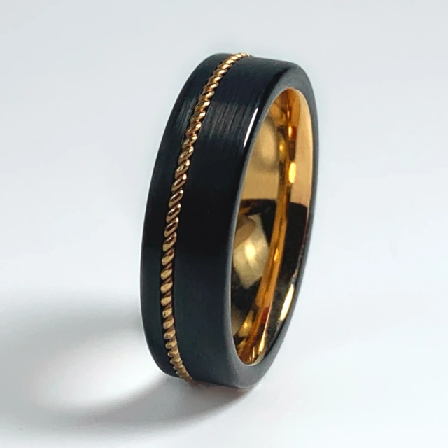 Luxury Mens Fashion 8mm Brushed Rose Gold Black Tungsten Carbide Ring With Guitar String Inlay