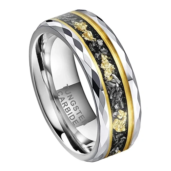 Luxury Gold Plated Hammered 8mm Men Tungsten Ring with groove Inlay Stone and Gold Foil Wedding Band Ring