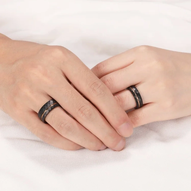 Black Diamond Face Hammered Rose Gold Tungsten Ring Black Wedding Ring Set