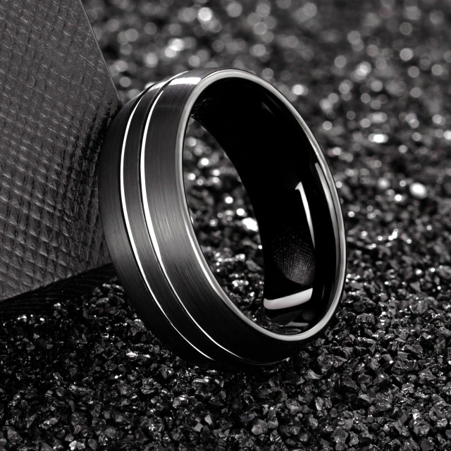 Ouyuan Blue Rose Gold Plated Center Grooved Two Tone Tungsten Carbide Ring