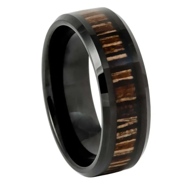 Tungsten Carbide Black Plated with Wood Inlay Wedding Band Ring for Men Nature Collection