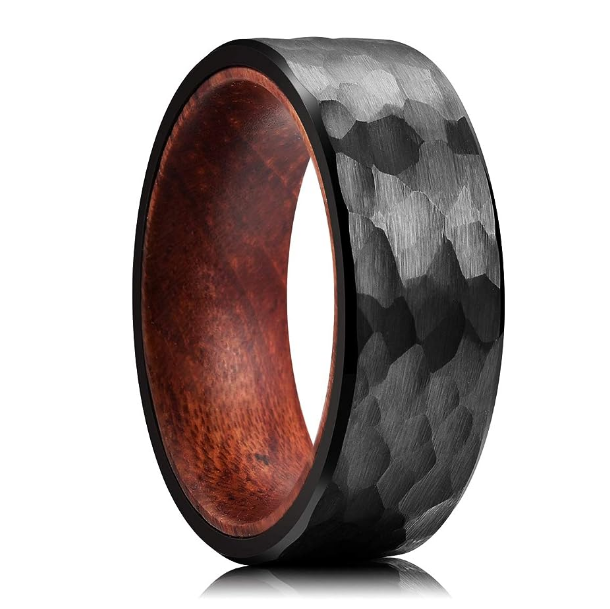 Ouyuan Classic Style Black Tungsten Hammered Ring Whiskey Barrel Oak Wood 8mm for Wedding Engagement Party Anniversary-Gift Idea