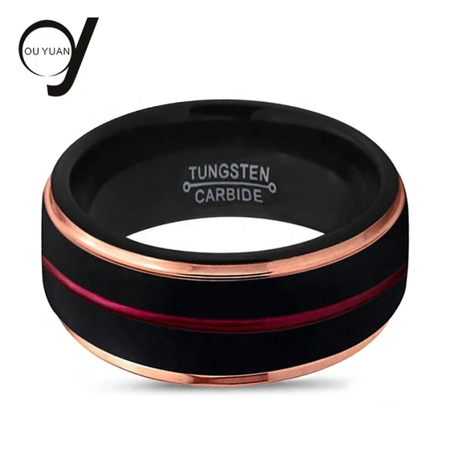 6mm Tungsten Carbide Rose Gold and Black Plated 2 Stripes Wedding Ring