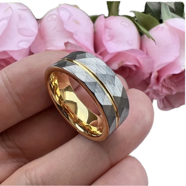 Popular 8mm Width Hammered Tungsten Carbide Ring Mens Rings Tungsten Wedding Rings Gold Fashion Jewelry