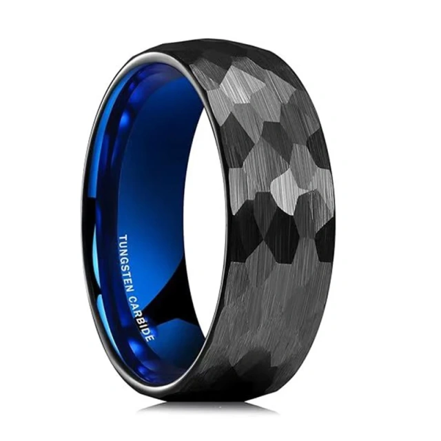 Tungsten 8MM Black Blue Hammered Matte Brushed Finish Engagement Wedding Ring for Man Fashion Rings Jewelry for Men Comfort
