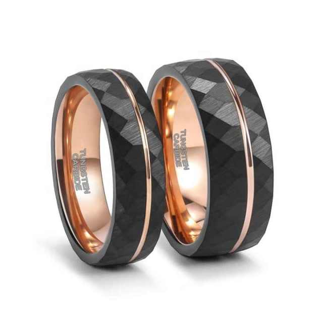 Black Diamond Face Hammered Rose Gold Tungsten Ring Black Wedding Ring Set