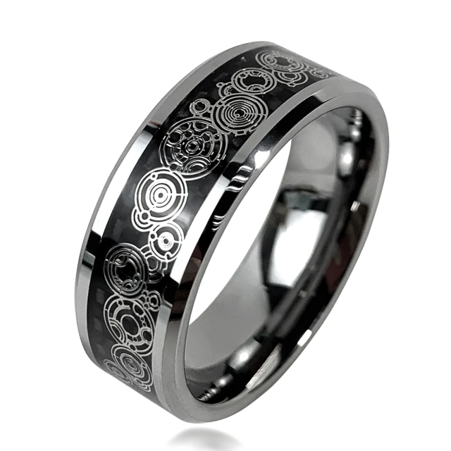 Wholesale Trends 8mm Tungsten Ring Steampunk Gear Wheel Carbon Fiber Inlay Beveled Edges Men Wedding Band Comfort Fit