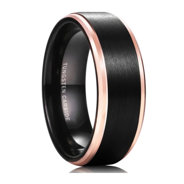 Wholesale Black Tungsten Rings - Rose Gold Edge Brushed - Ouyuan