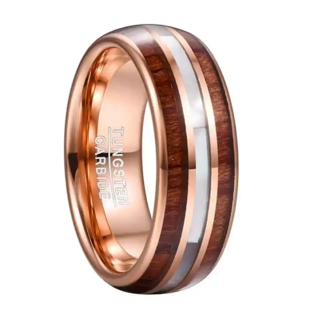Fashionable 8mm Hawaiian Wood Abalone Shell Inlay Rose Gold Tungsten Carbide Wedding Band for Men and Women for Engagement