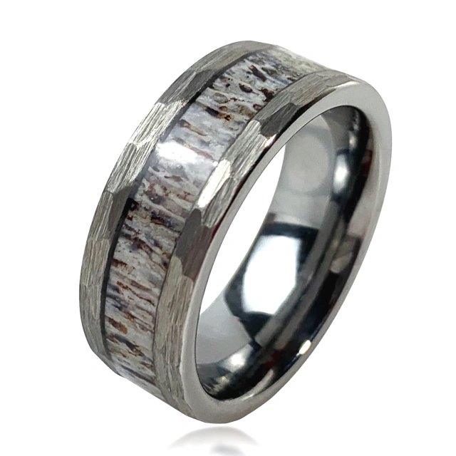 USA Hot Selling Custom Engraving Simple 8mm Faceted Edge Deer Antler Tungsten Ring