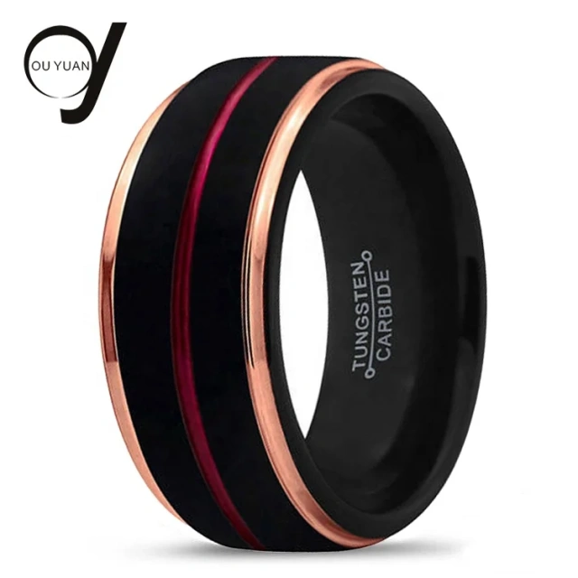 6mm Tungsten Carbide Rose Gold and Black Plated 2 Stripes Wedding Ring