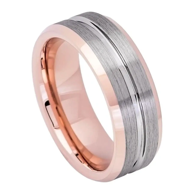 Ouyuan Jewelry Stepped Beveled Edges Brushed Finish 10mm Rose Gold Tungsten Ring For Men Women Fashion Wedding Band