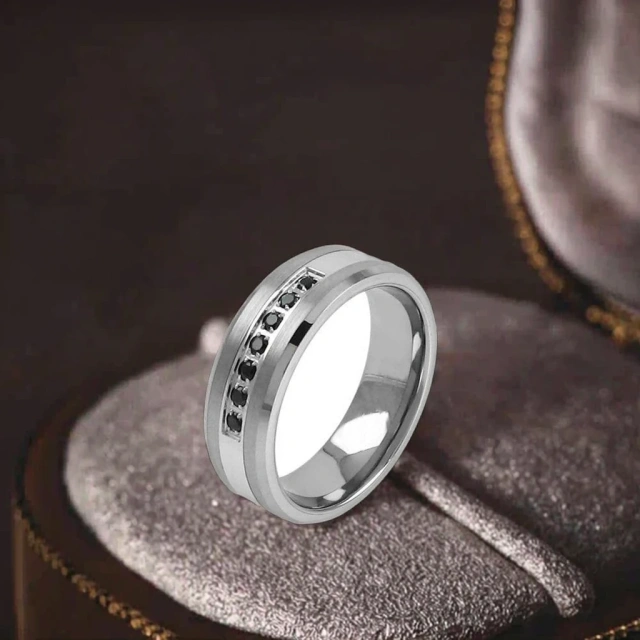 Cz Inlay Rose Gold and Black Plated Tungsten Men Ring