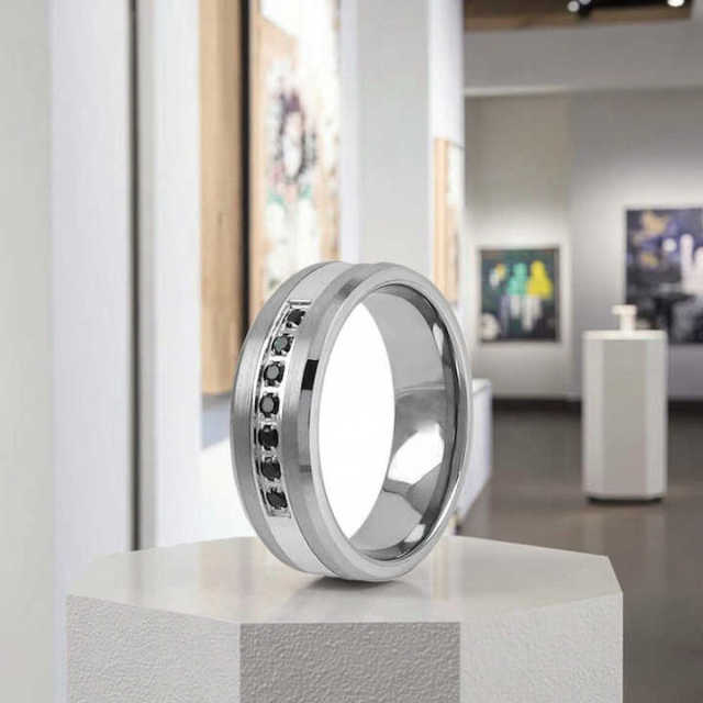 Cz Inlay Rose Gold and Black Plated Tungsten Men Ring