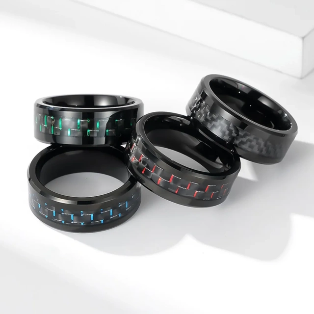 Fashion Jewelry Custom 8mm Beveled Edge Purple Carbon Fibre Inlay Tungsten Ring for Men Rings Wedding Rings