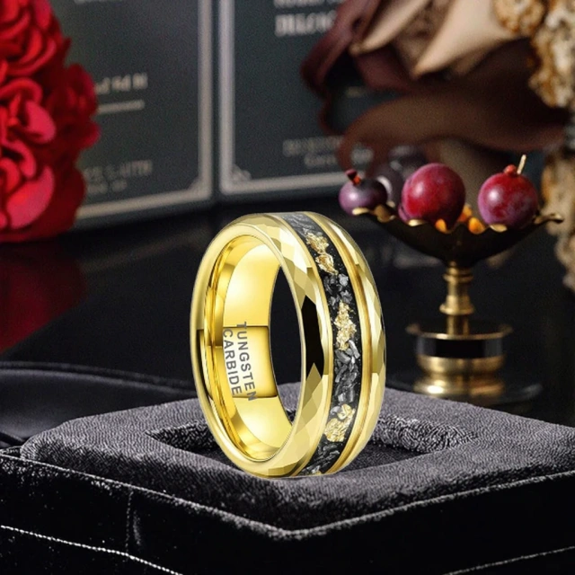Luxury Gold Plated Hammered 8mm Men Tungsten Ring with groove Inlay Stone and Gold Foil Wedding Band Ring