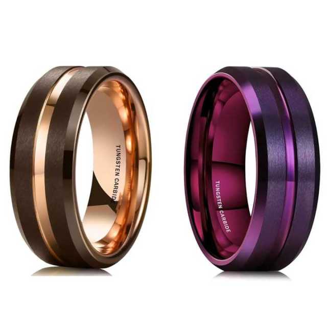 Wholesale Fashion Rings 8mm Brown Purple Plated Matte Finished Center Grooved Tungsten Rings for Men Women Wedding Rings