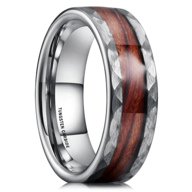 Fashion Jewelry Trend Luxury 8mm Wood Inlay Hammered Silver Tungsten Ring for Men Women Fashion Engagement Wedding Band