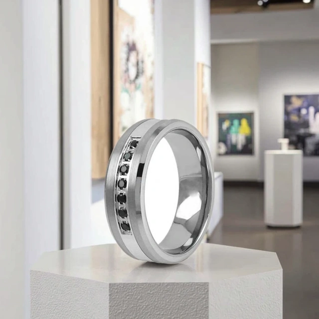 Cz Inlay Rose Gold and Black Plated Tungsten Men Ring