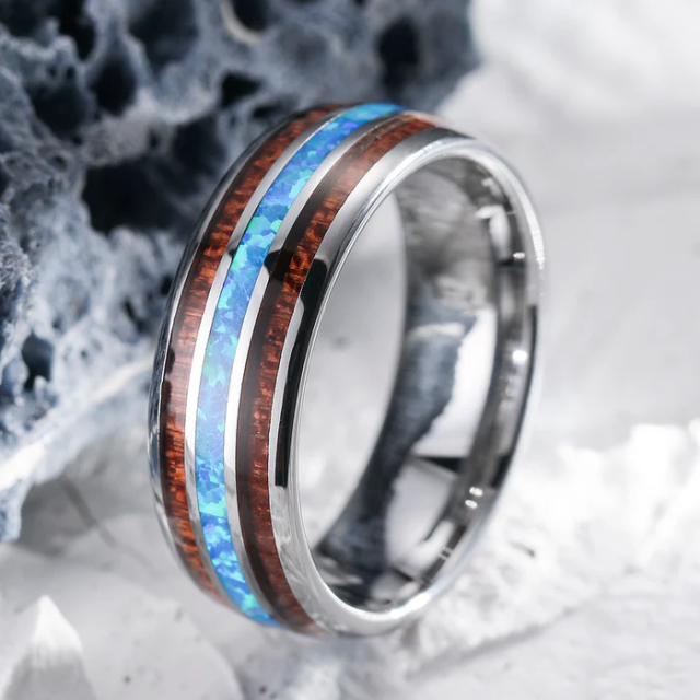 High Polished Domed Style 8mm Silver Tungsten Ring for Women Men Blue Opal Mahogany Wood Inlay Fashion Jewelry