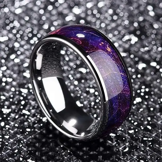 8mm Silver Tungsten Carbide Ring For Men Women Wedding Band Blue Dyed Elder Wood Inlay Domed Polished Comfort Fit