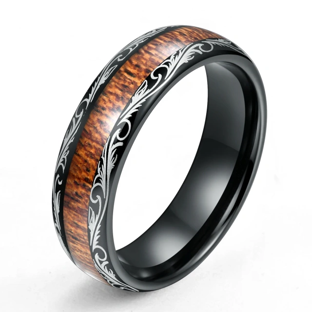 8MM Black Brushed Tungsten Carbide Wood Ring Wedding Ring Couple Set Rings