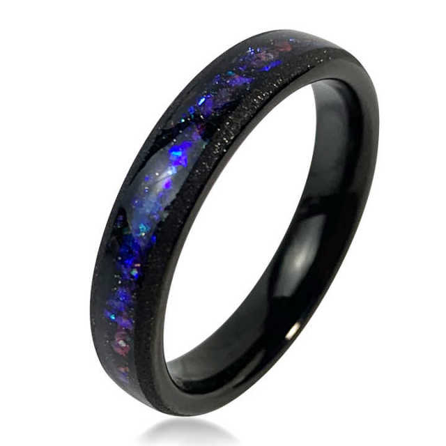 Couple Wedding Band Polished Gold Sandblast Black Tungsten Ring With Sandstone Inlay