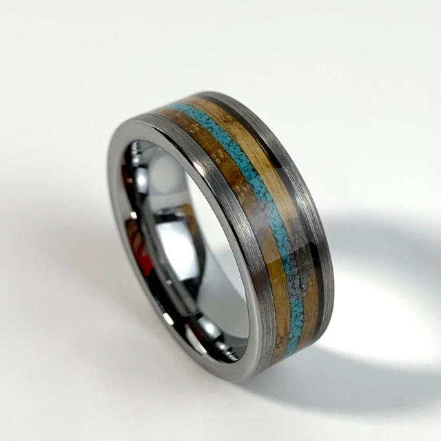 Ouyuan Jewelry 8mm Gunmetal Tungsten Ring for Men Women Crushed Turquoise Koa Wood Inlay Fashion Engagement Wedding Band