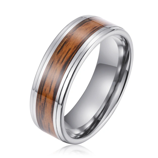Guangzhou Wholesale Fine Jewelry 8mm Stone Wood Inlay Silver Tungsten Ring for Men Fashion Engagement Wedding Band