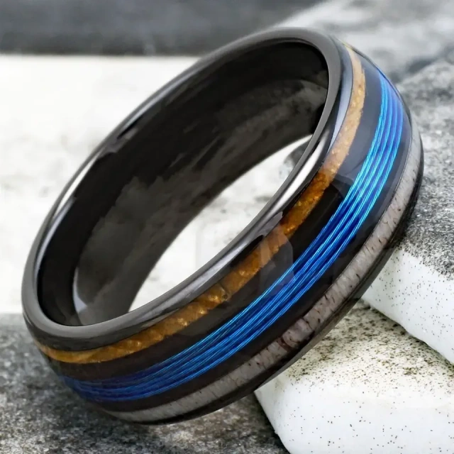 Wholesale Jewelry Ring Inlay Antler Wood Whiskey Barrel Tungsten Ring Tungsten Carbide Ring for Men Engagement Wedding Band