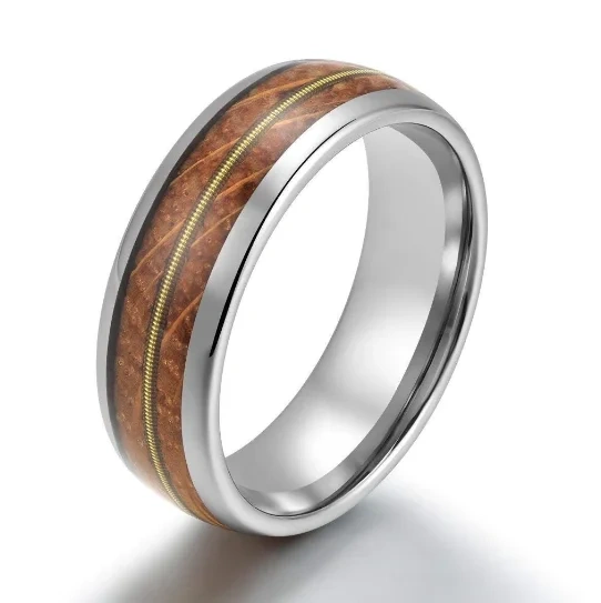 Ouyuan 8mm Classic Silver Tungsten Ring High-Polished Whiskey Barrel Wood Gold Guitar String Inlay Wedding Trendy Anniversary