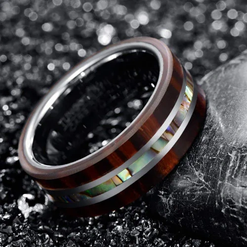 8mm Tungsten Ring for Men Women Black Abalone Shell Koa Wood Inlay Classic Fashion Jewelry for Engagement Wedding for Gift Party