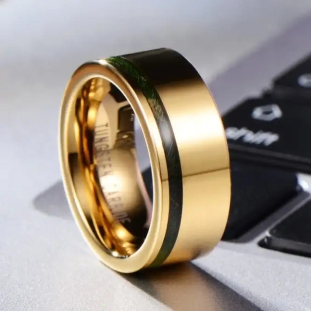 Wholesale Price Hot Selling Gold Plated Tungsten Carbide Ring Inlay Green Wood for Men Jewelry 14K 18k Gold Plated Men Jewelry