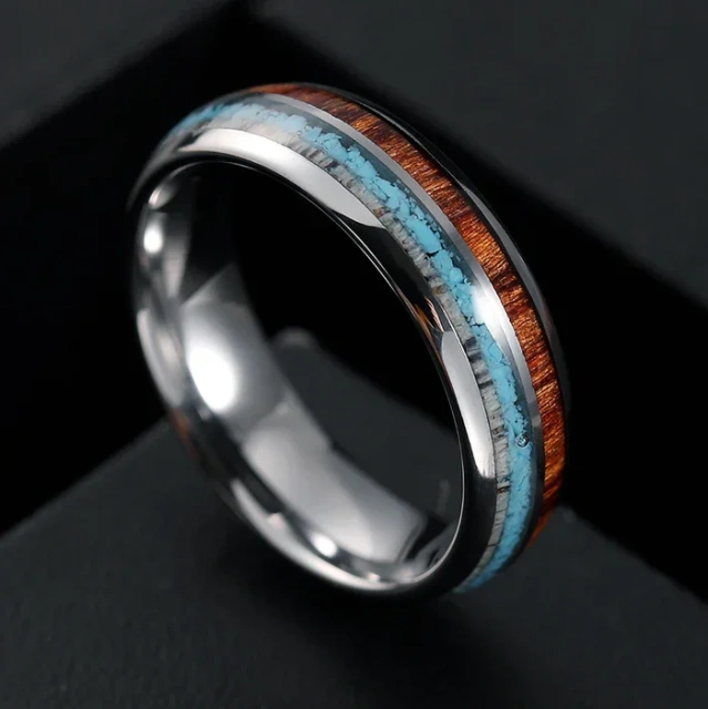 Wholesale 6mm Fine Jewelry Rings Antler Wood Opal Inlay Rose Gold Tungsten Ring Men Women Engagement Wedding Band