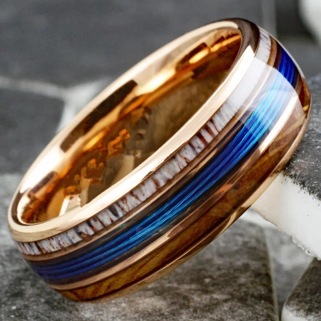 Koa Blue Fishing Lines Crushed Abalone Shell Black Plated Tungsten Ring