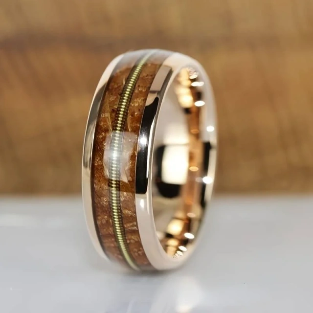 New Rose Gold Tungsten Guitar String Ring Wood Inlay Ring for Men Wedding Band