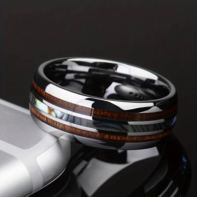 Factory Price Engrave Logo 8MM Silver Inlay Tungsten Ring Hawaii Style Wood Rings for Men Abalone Tungsten Ring Fine Jewelry