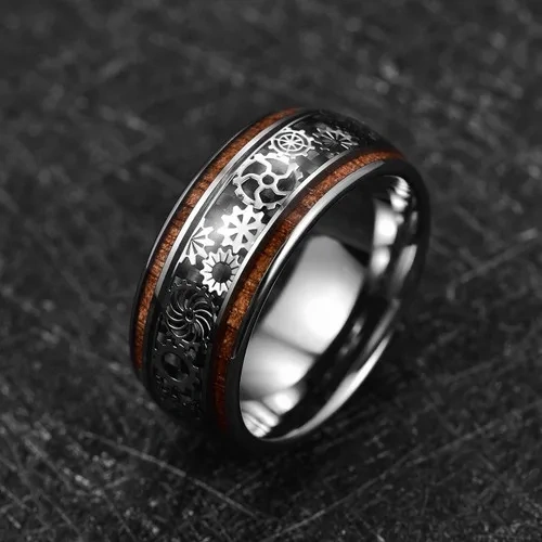 New Rings Silver Plated Inlay Gear and Wooden for Men's Jewelry Tungsten Carbide Rings