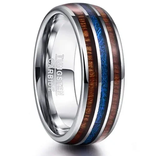 Hot Sale Fine Jewelry 8mm Natural Wood Inlay Men Silver Tungsten Ring comfort Fit