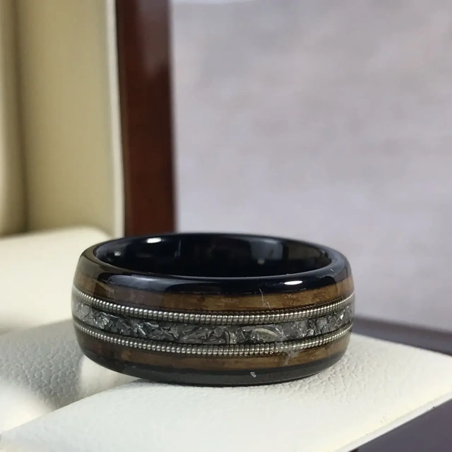 Wholesale Fashion Jewelry 8mm Black Tungsten Carbide Inlay Wooden Ring Guitar String Ring Wedding Band Inlaid Opal for Men Rings