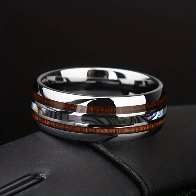 Factory Price Engrave Logo 8MM Silver Inlay Tungsten Ring Hawaii Style Wood Rings for Men Abalone Tungsten Ring Fine Jewelry