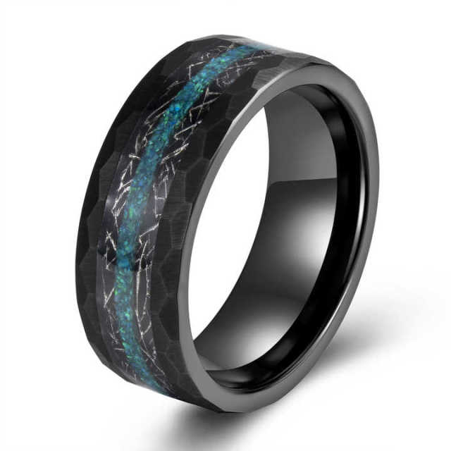 Fashion Jewelry 8mm Black Hammered Meteorite Green Opal Inlay Tungsten Carbide Wedding Band for Men Rings