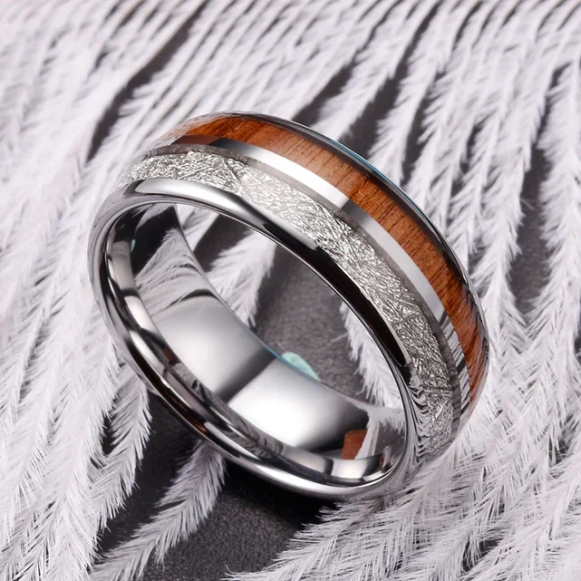 Wholesale Custom 8mm Silver Tungsten Carbide Finger Ring Men Women Couple Koa Wood Inlay Comfort Fit