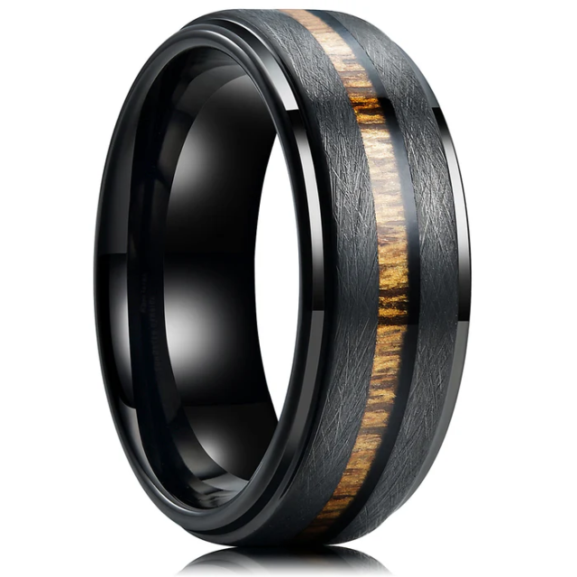 Fashion Jewelry Custom 8mm Stepped Edge Irregularly Brushed Center Teak Wood Inlay Black Tungsten Ring for Men Rings