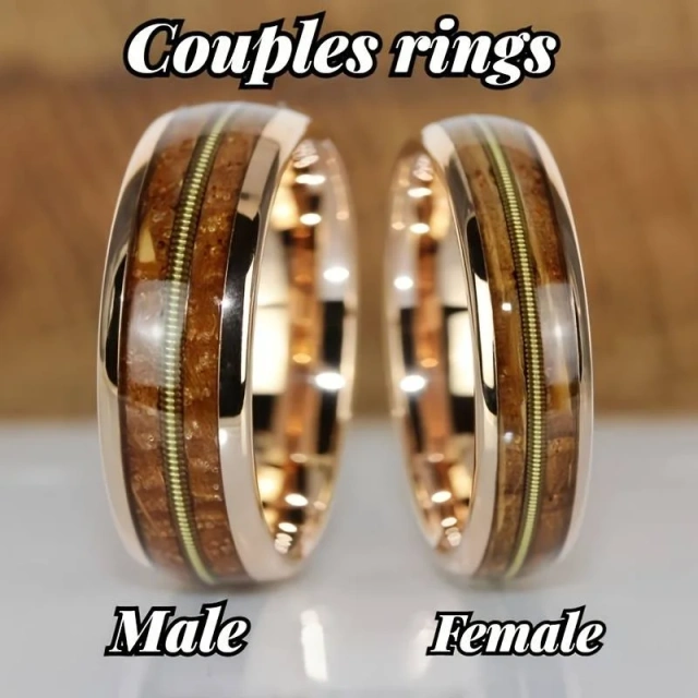 New Rose Gold Tungsten Guitar String Ring Wood Inlay Ring for Men Wedding Band