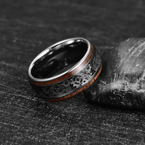 New Rings Silver Plated Inlay Gear and Wooden for Men's Jewelry Tungsten Carbide Rings